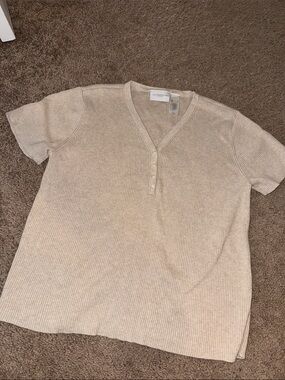 Liz Claiborne Lizsport Neutral Beige Ribbed Short Sleeve Henley